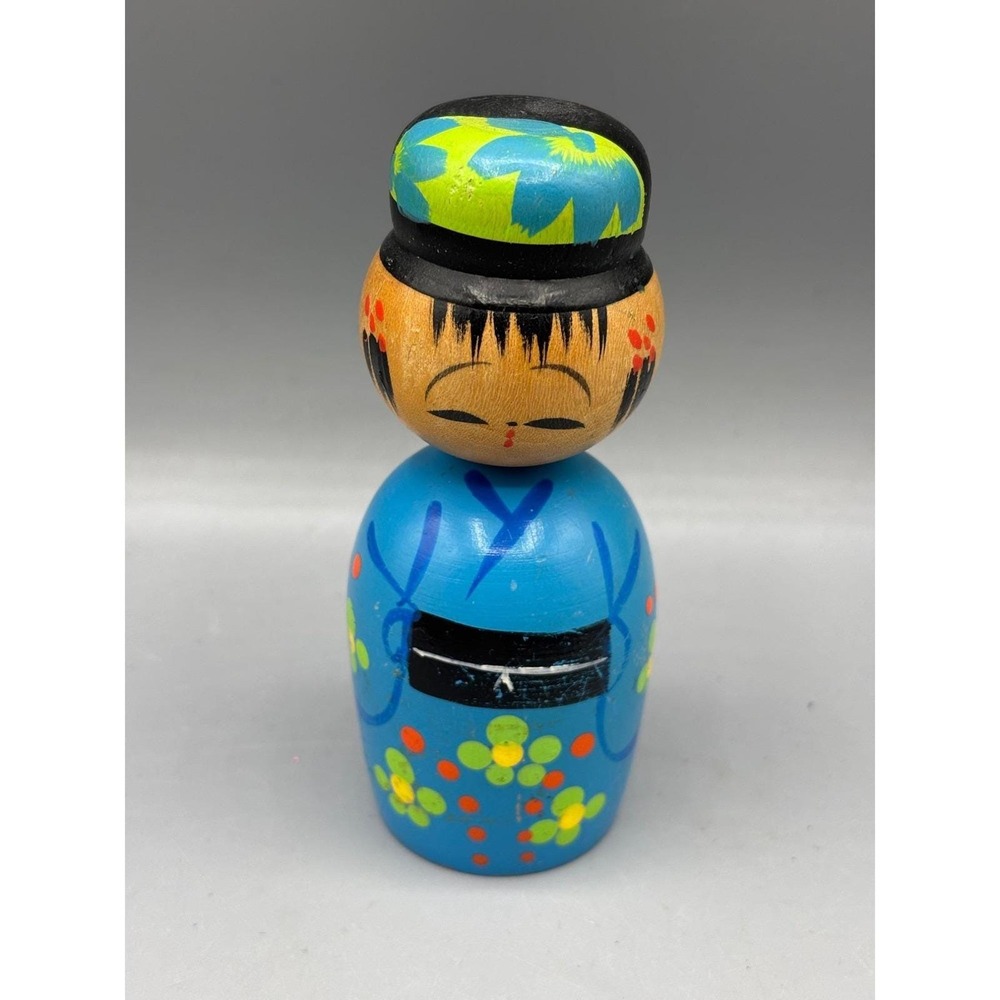 Vintage Kokeshi Doll Pencil Sharpener Hand Painted Wooden Blue Folk Art